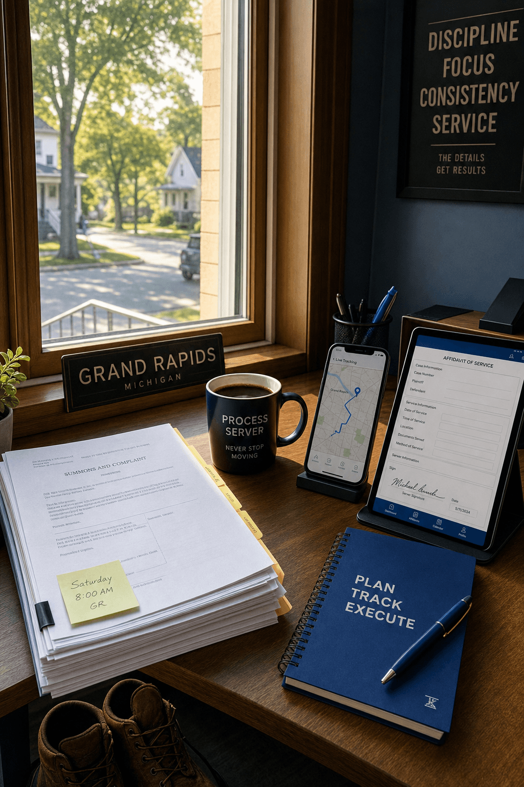 Saturday morning workspace at Heartland Court Services with legal documents, GPS tracking phone, coffee, and boots by a window overlooking a Grand Rapids neighborhood