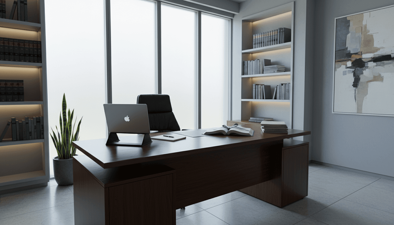 Modern professional office setting with legal documents and desk