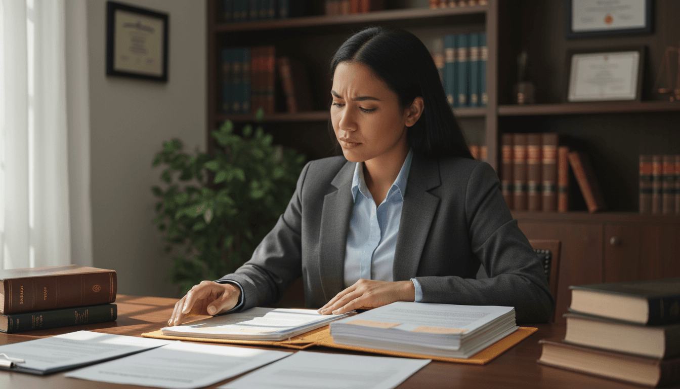 Legal professional reviewing documents at desk