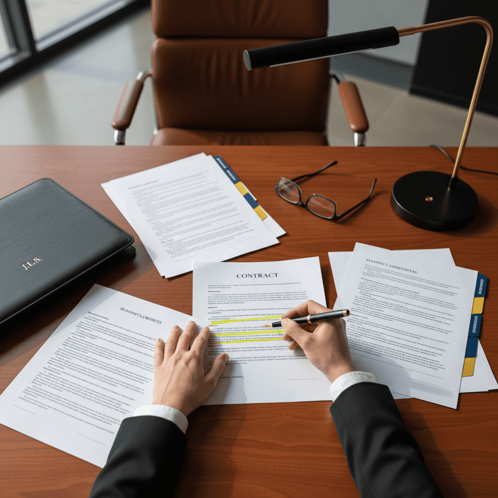 Close-up of legal professional reviewing service documents