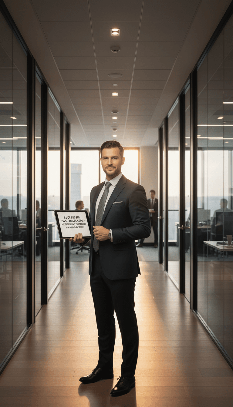 Attorney reviewing case documents at office desk