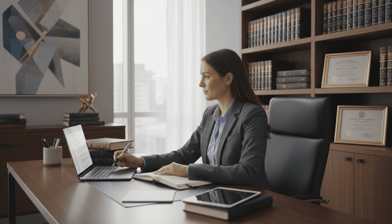 Modern legal office workspace with organized documents and computer