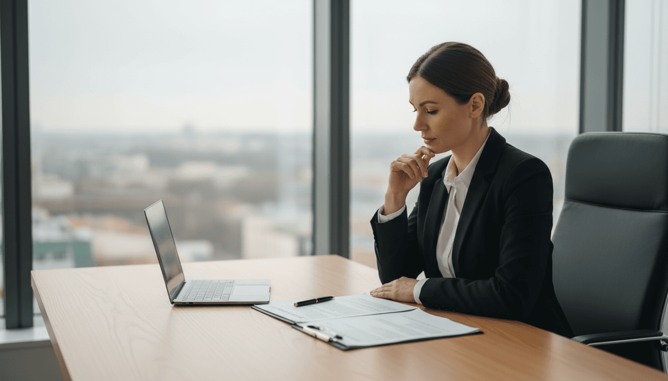 Professional reviewing legal documents in a modern office environment