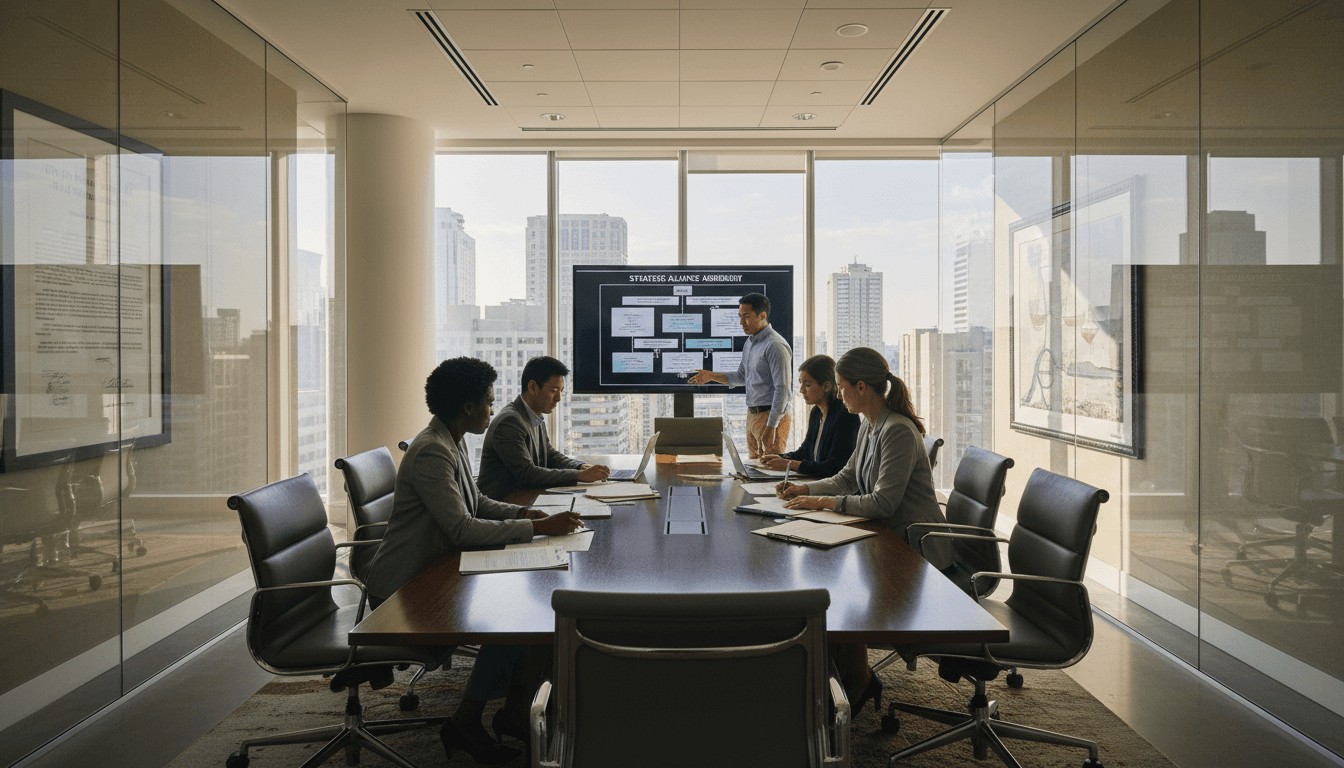 Professional law office meeting room with attorneys reviewing legal documents at a desk