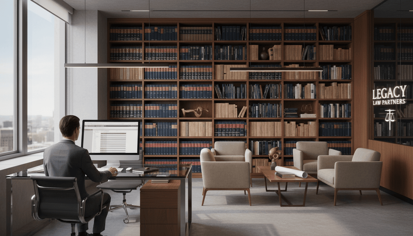 Modern professional legal office with organized desk setup and law references
